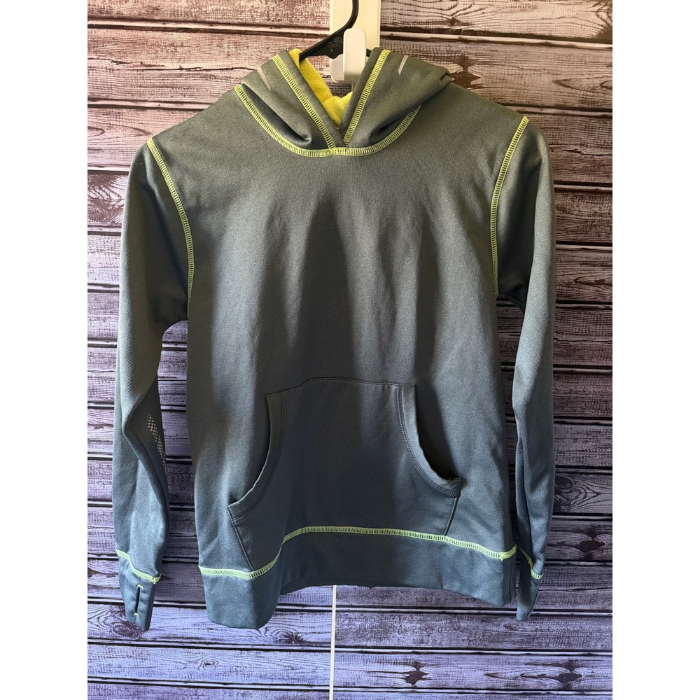 LL Bean Boy's Long-Sleeved Hoodie M 10-12 Green Gray Neon Reflective Thumbholes
